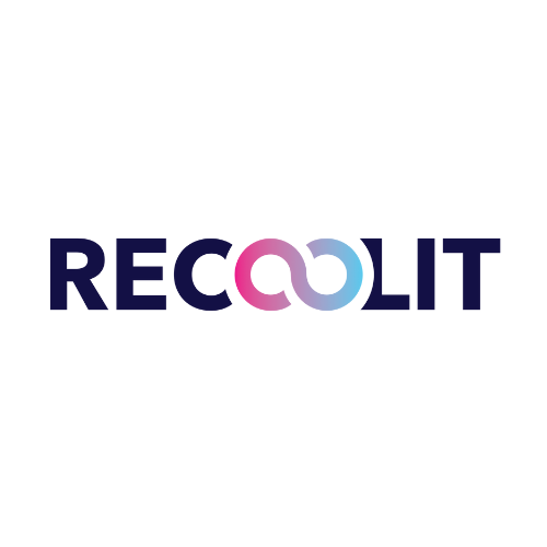 Logo for Recoolit. Dark blue text with 