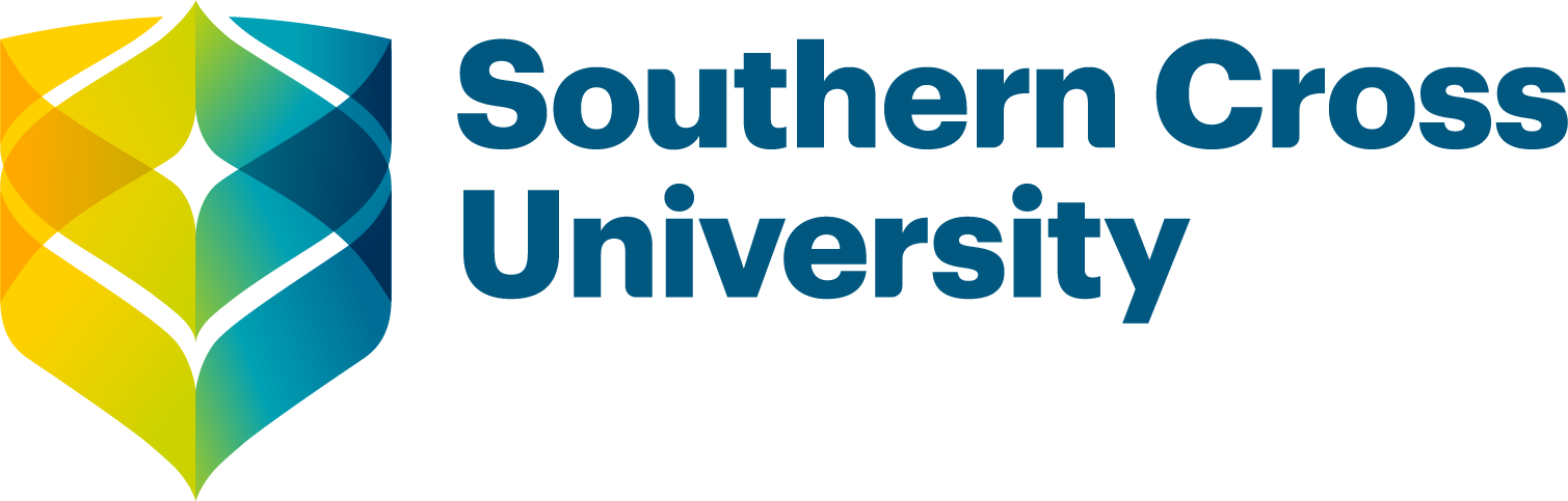 Southern Cross University logo with abstract shape and text.