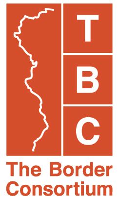 Logo of The Border Consortium: Red square with white outline of land. Vertical rectangular text block has 