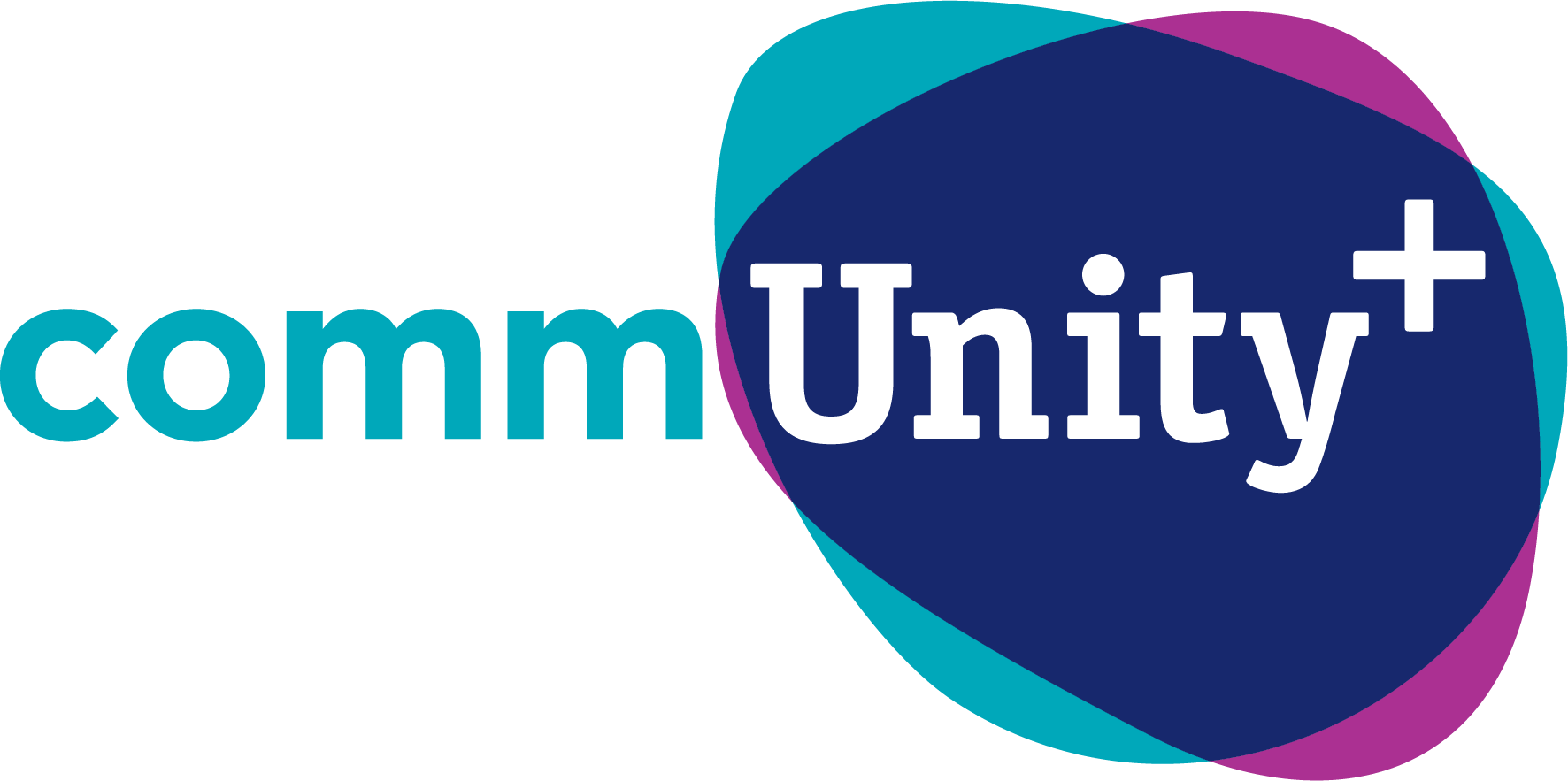The CommUnity+ logo with the word CommUnity in teal and white, and a blue shape with teal and purple accents.