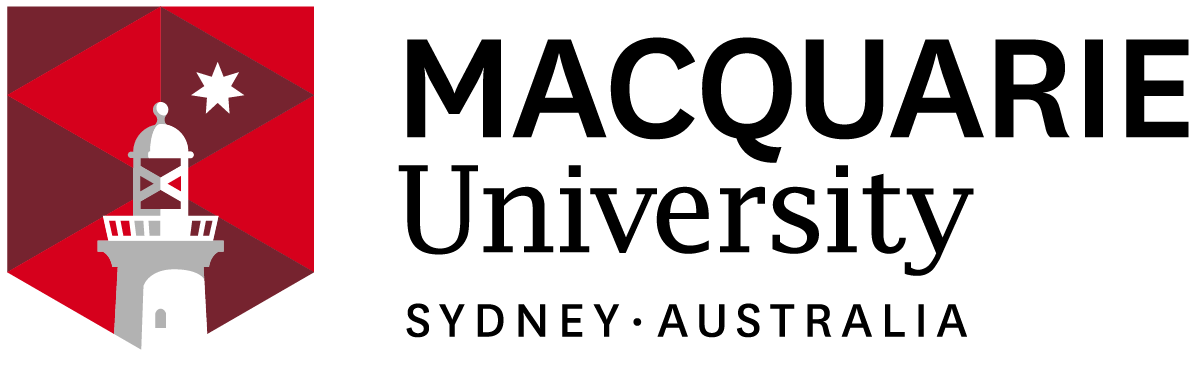 Macquarie University logo: red shield with lighthouse and star, black text, 