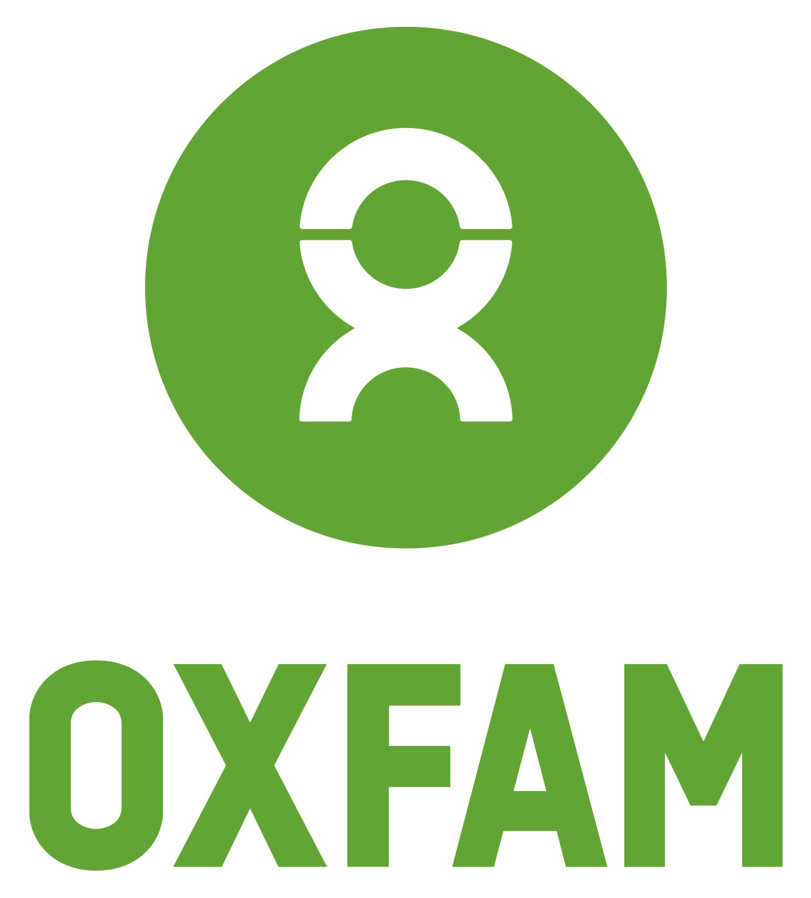 Oxfam logo: green circle with white figure above green word “OXFAM.”
