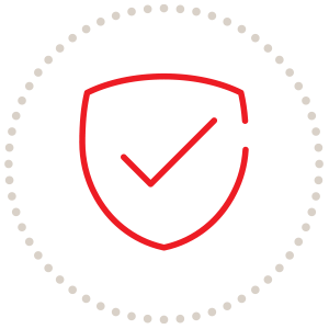 Red shield with a checkmark, surrounded by a dotted circle, indicating security or approval.