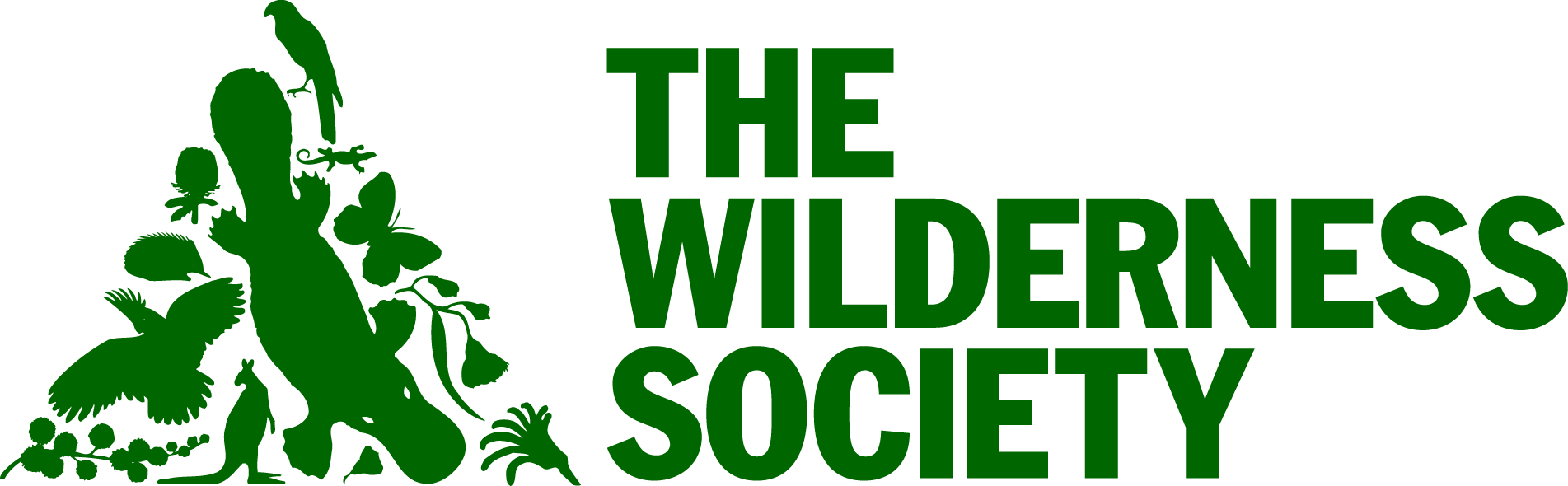 Green logo for The Wilderness Society with silhouetted flora and fauna, including a platypus.