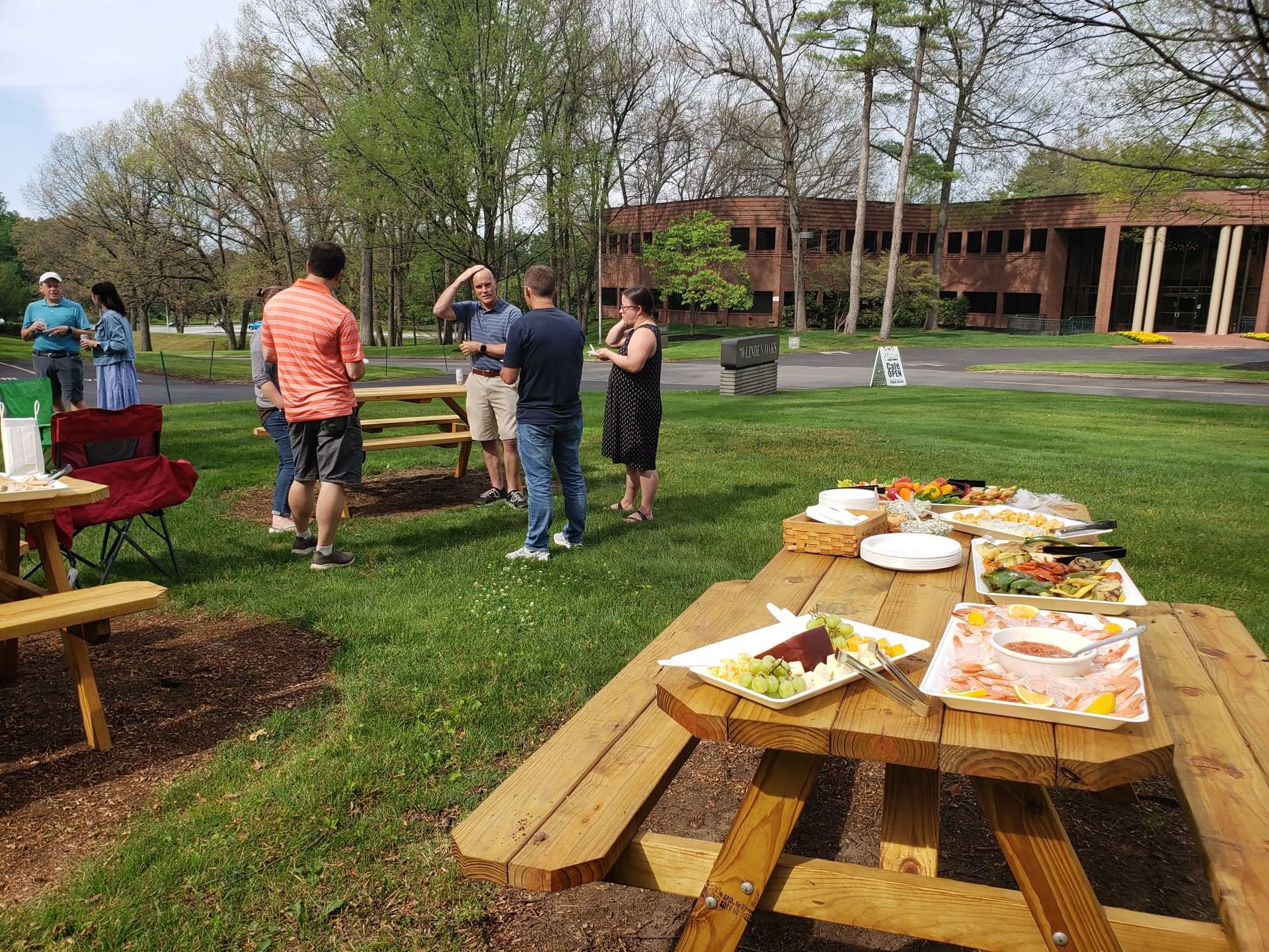 Outdoor picnic with food on a wooden table and a few people standing and talking on a grassy lawn