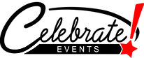Celebrate! Events logo in black, white, and red with a red star burst