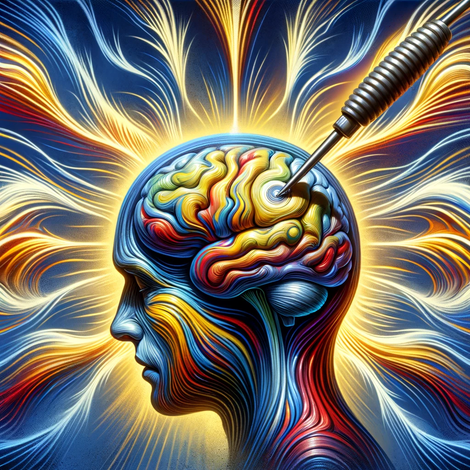 Illustration of a brain receiving magnetic stimulation, representing rTMS research in Alzheimer's disease