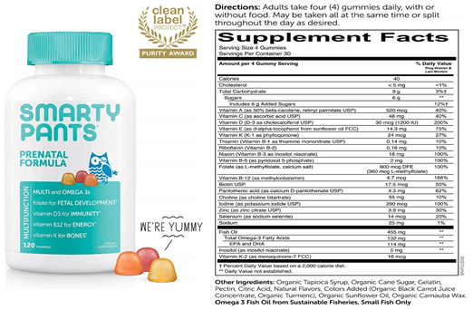 supplement facts for prenatal vitamins