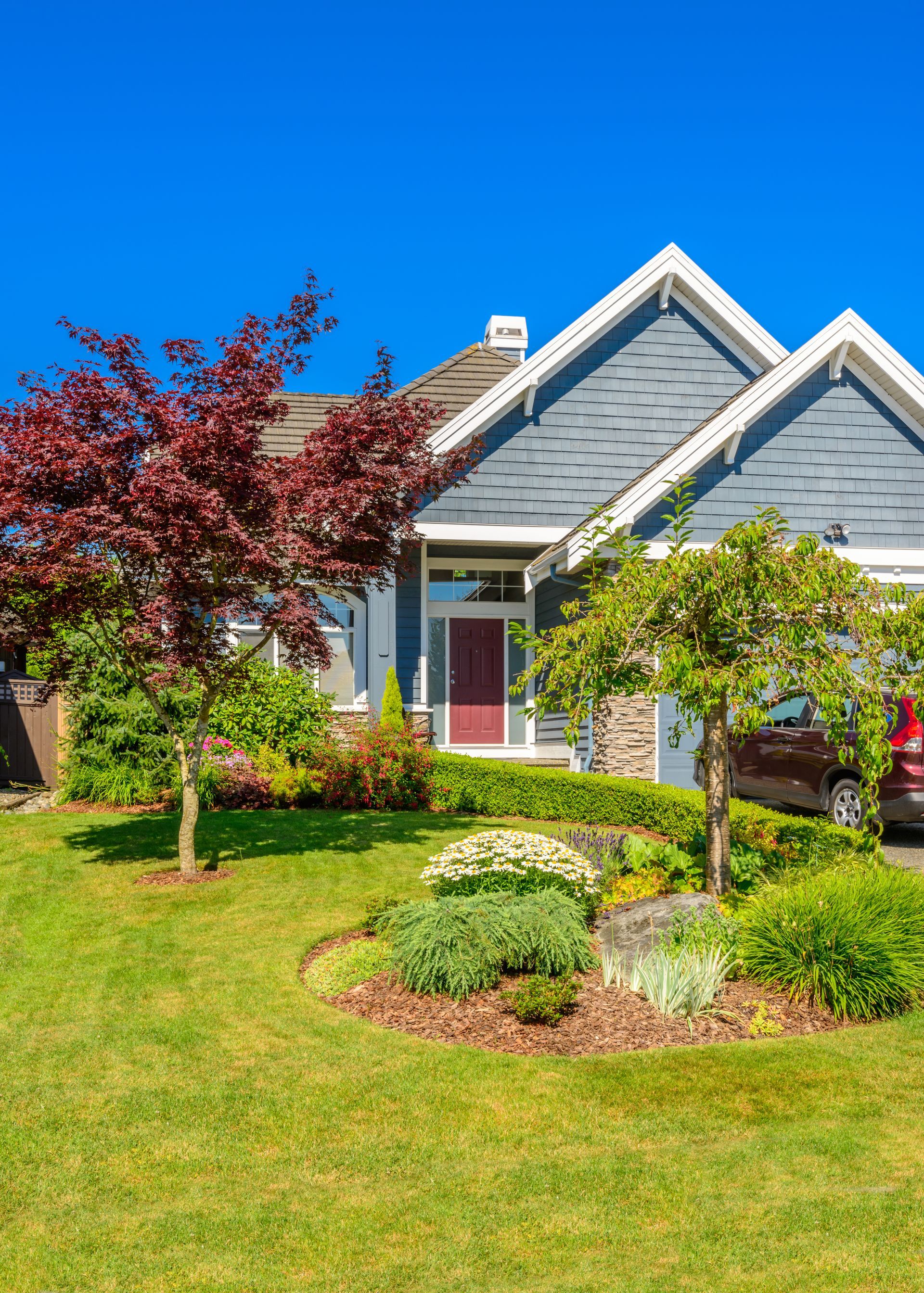 Suburban house with gray siding, red door, and landscaped front yard under a bright blue sky