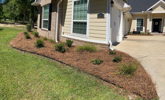 Landscaped corner of a beige house with mulch beds, shrubs, and a curved driveway beside a green lawn