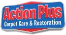 Action Plus Carpet Care & Restoration logo. Red and white text on a blue background.