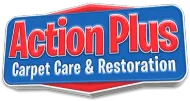 Action Plus Carpet Care & Restoration logo. Red and white text on a blue background.