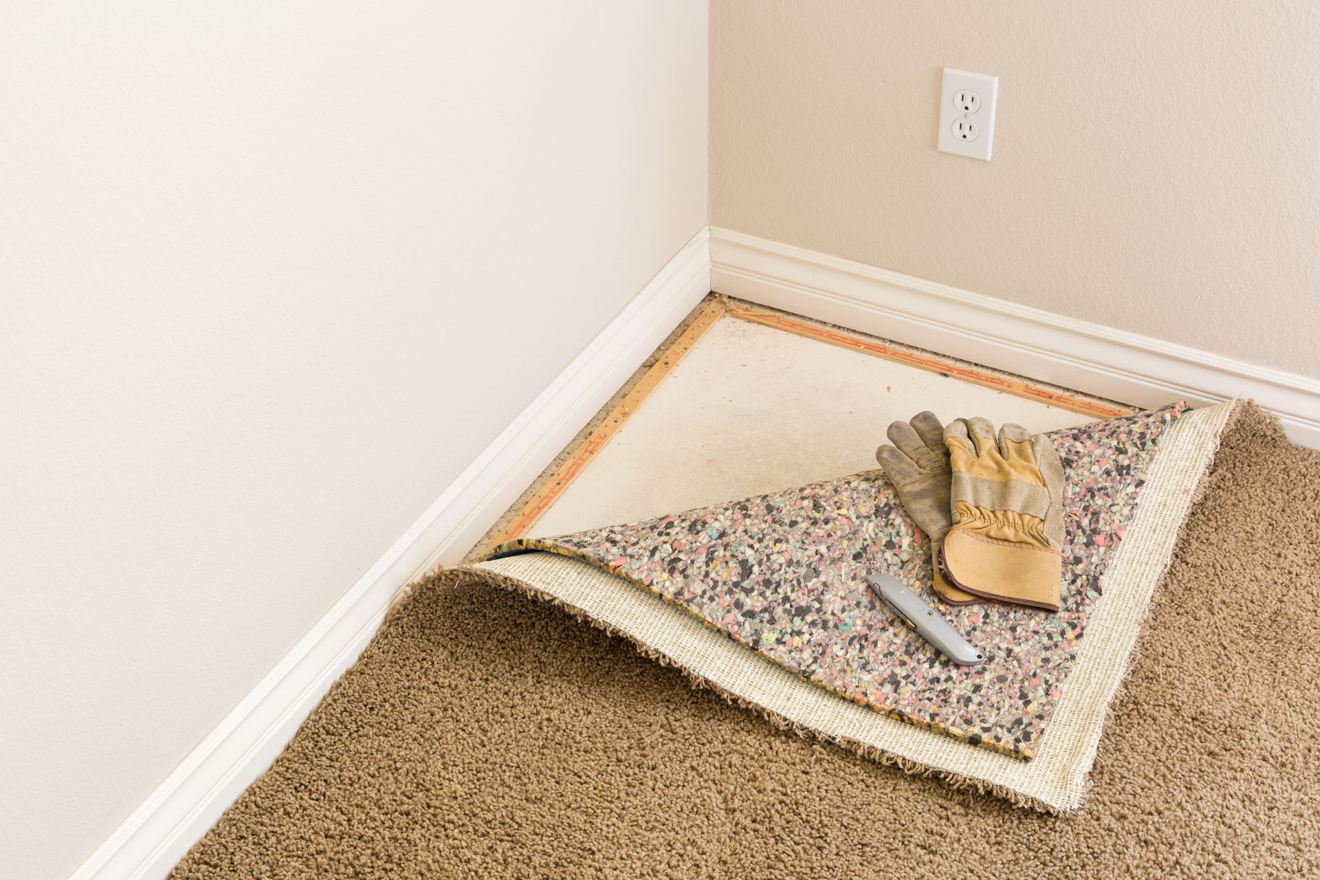 Carpet partially peeled back, revealing padding and tack strip. Beige walls, corner setting. Gloves and tool present.