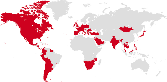 A map of the world with the united states highlighted in red.