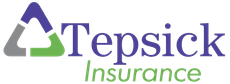 Tepsick Insurance logo with purple and green text and a stylized house icon