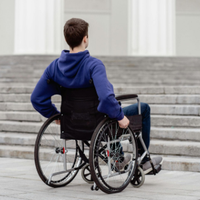 Person in a blue hoodie sits in a wheelchair on stone steps, viewed from behind.