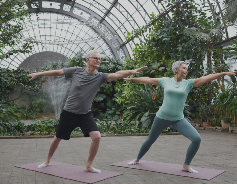 Two people doing yoga poses on mats in a greenhouse with arched glass سقف and plants