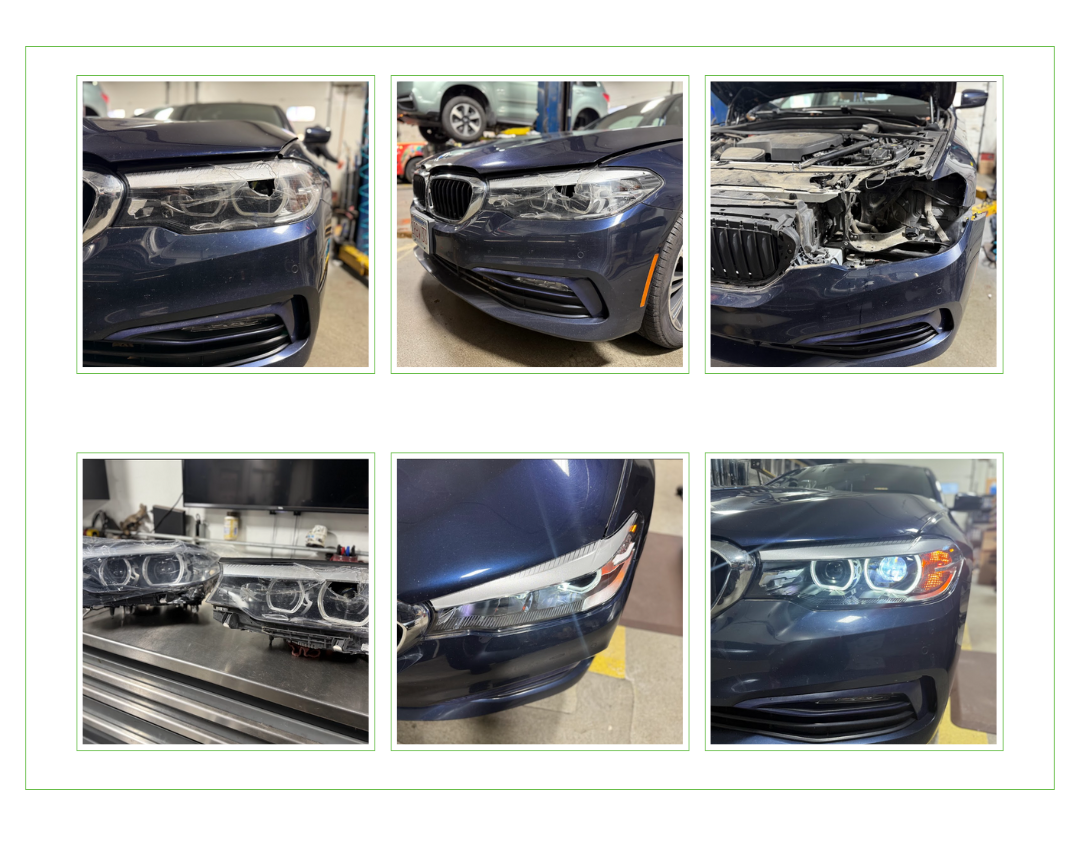 Damaged blue BMW front end, showing headlight, bumper, and hood damage in a repair shop.
