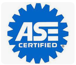 Blue ASE Certified logo, white text on a gear-shaped background.
