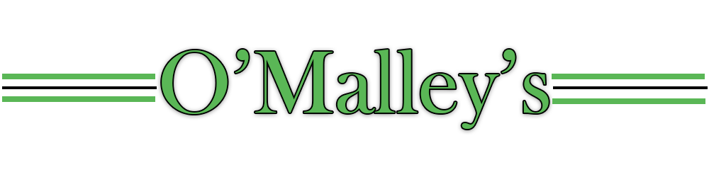 O'Malley's logo with green text and horizontal lines.