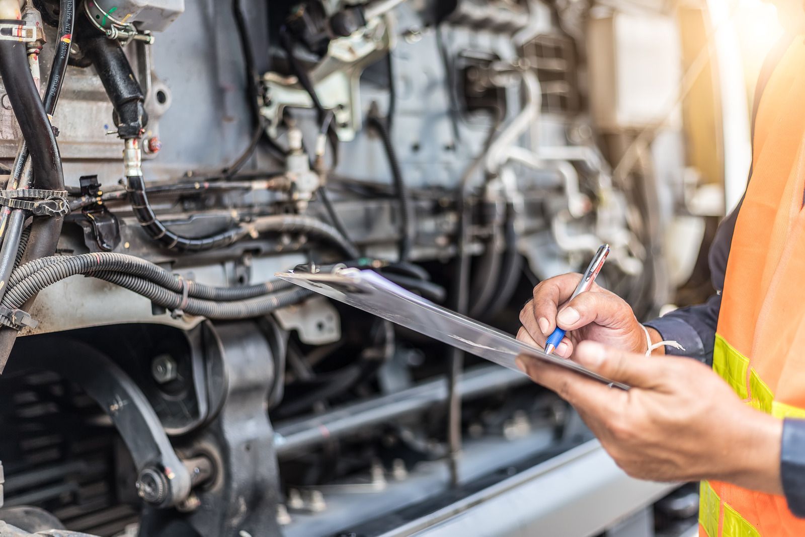 Person in safety vest inspects truck engine, taking notes on a clipboard.