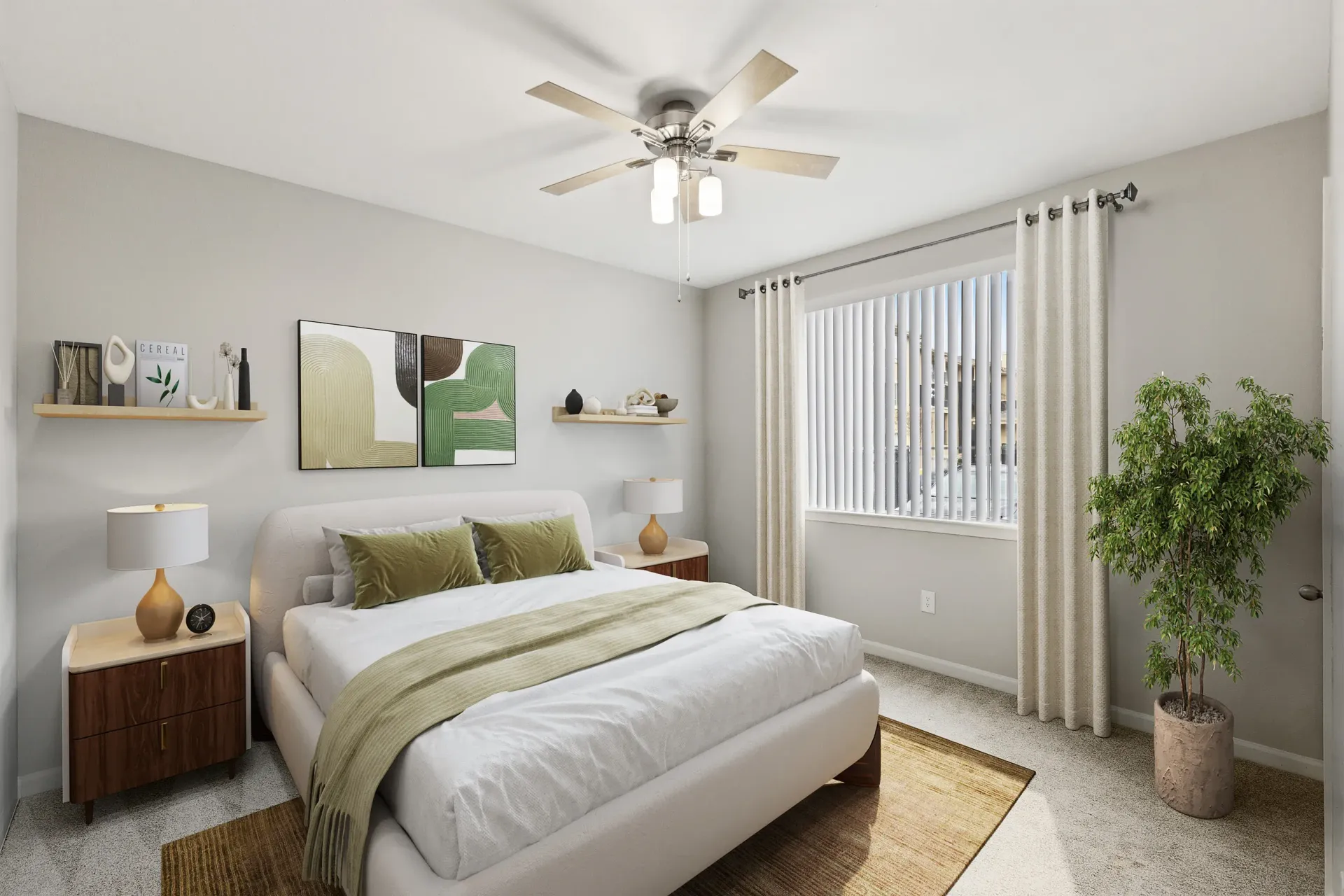Bright bedroom with a plush white bed, two wooden nightstands, a ceiling fan, large window with vertical blinds, and a tall potted plant at Cross Pointe apartments in Antioch, CA.
