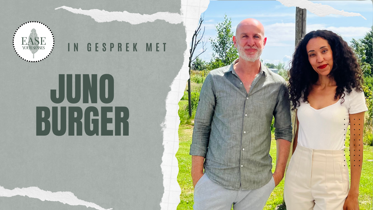 Promotieafbeelding van Juno Burger met een man en een vrouw die naast opvallende tekst staan ​​op een achtergrond van gescheurd papier.