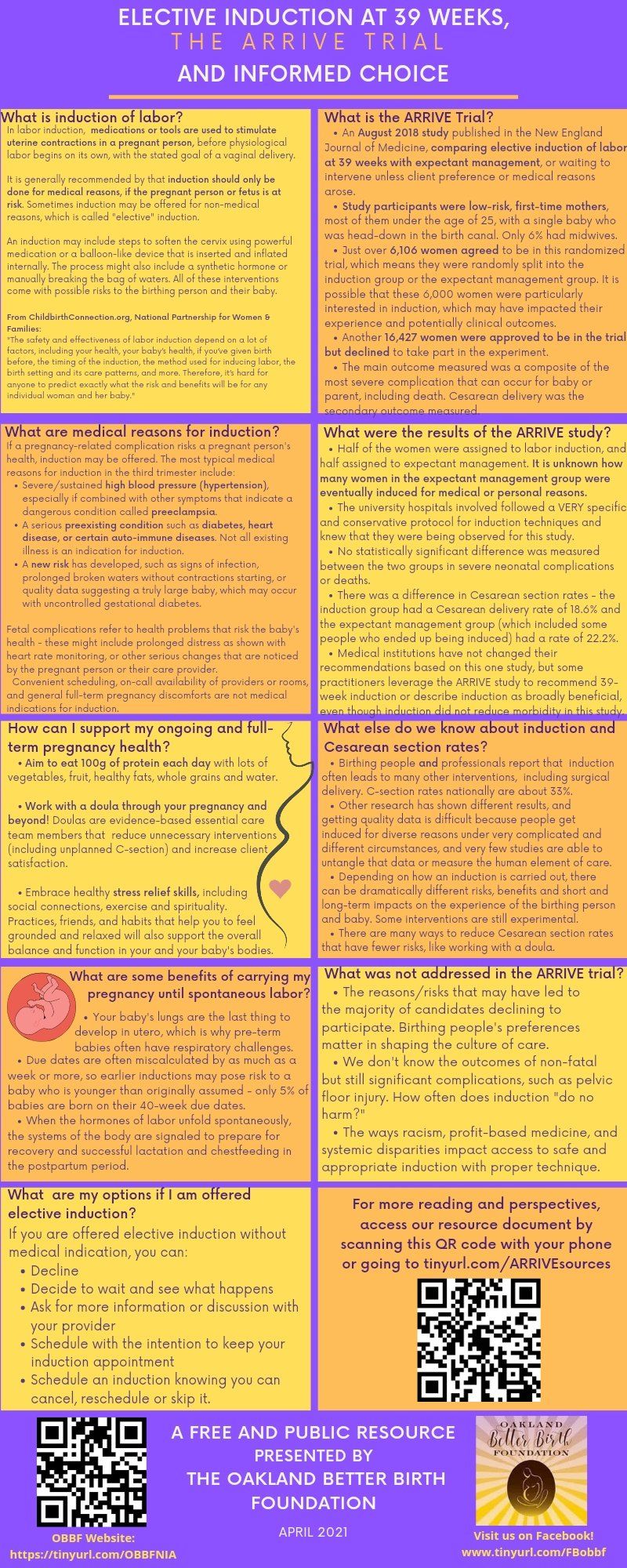 Poster with text, divided into panels. Purple border. Gold/yellow background. Contains QR codes and logo.