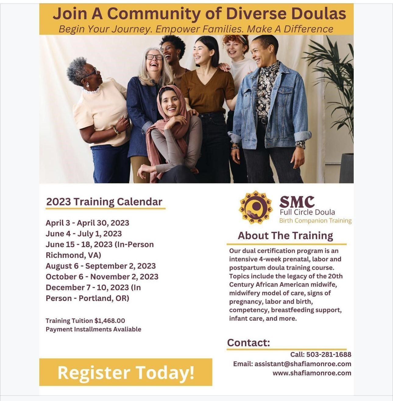 Doula training ad: Group photo, training calendar, register now button.