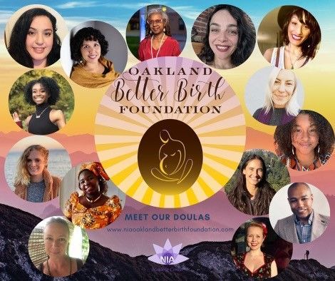 a group of women are standing next to each other in circles on a poster for the oakland better birth foundation .