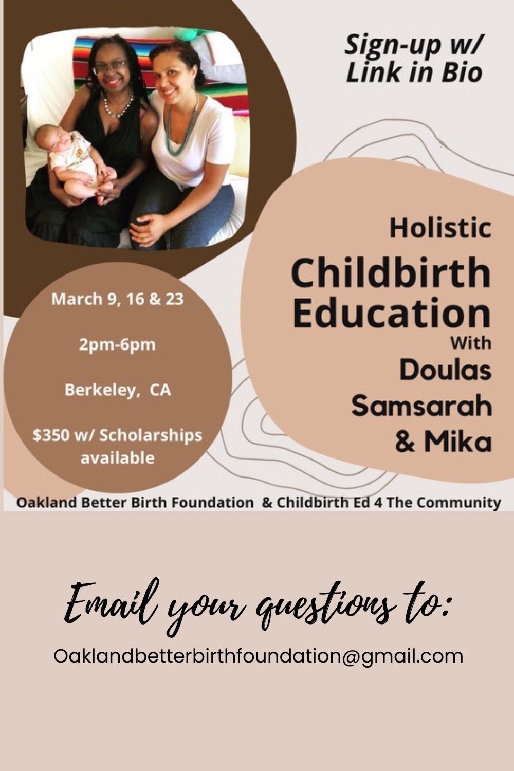Childbirth education flyer: Doulas with baby, dates/times, Berkeley, cost, and email.