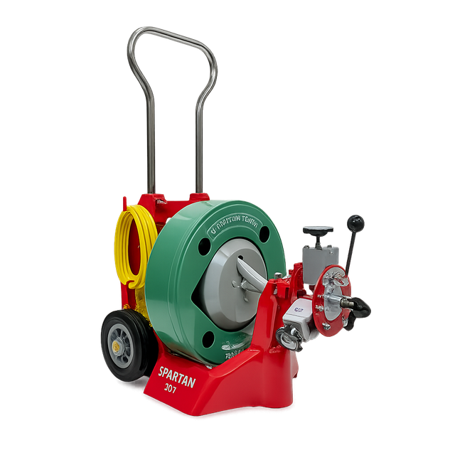 Red, green, and yellow Spartan 700 drain cleaning machine with coiled cable, wheels, and handle.