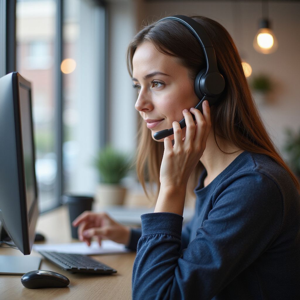 Frau mit Headset arbeitet in einem Büro an einem Computer.