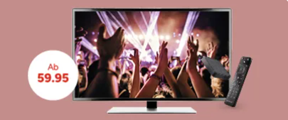 Auf einem Fernseher wird ein Konzert mit erhobenen Händen gezeigt. Neben dem Bildschirm befindet sich eine Fernbedienung. Der Text lautet „Ab 59,95“.