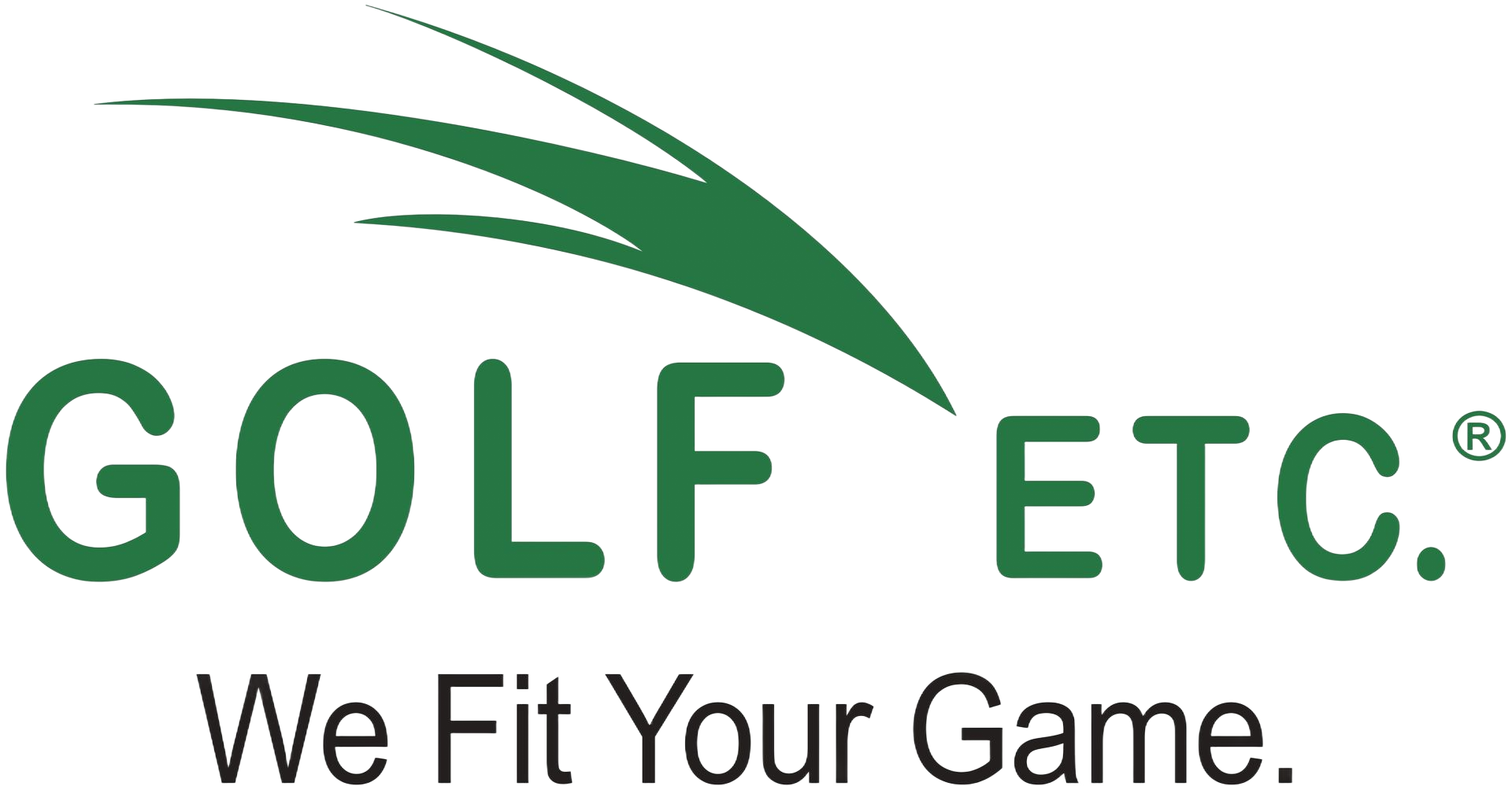 Logo voor Golf Etc.: groene tekst en grasafbeelding; slogan: