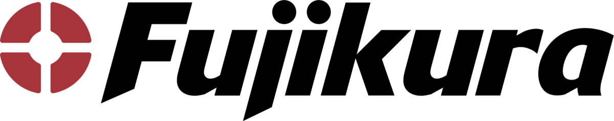 Het Fujikura-logo met een rood-wit doelwitsymbool aan de linkerkant en zwarte tekst aan de rechterkant.