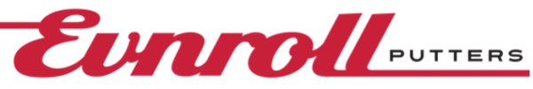 Het Evnroll putters-logo in rood, met een rode onderstreping. 