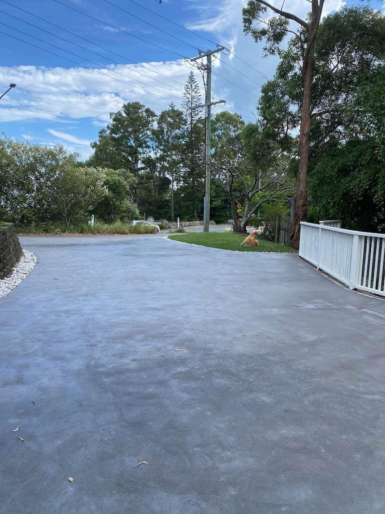 A concrete driveway with a white railing and trees in the background.