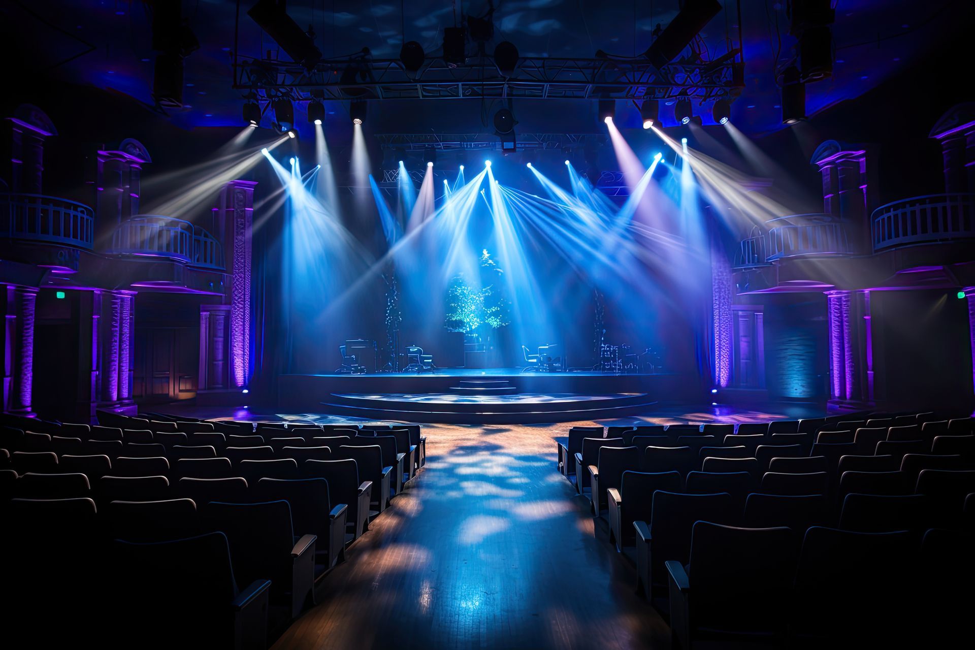 Lit theater stage with blue and white spotlights, empty rows of seats.