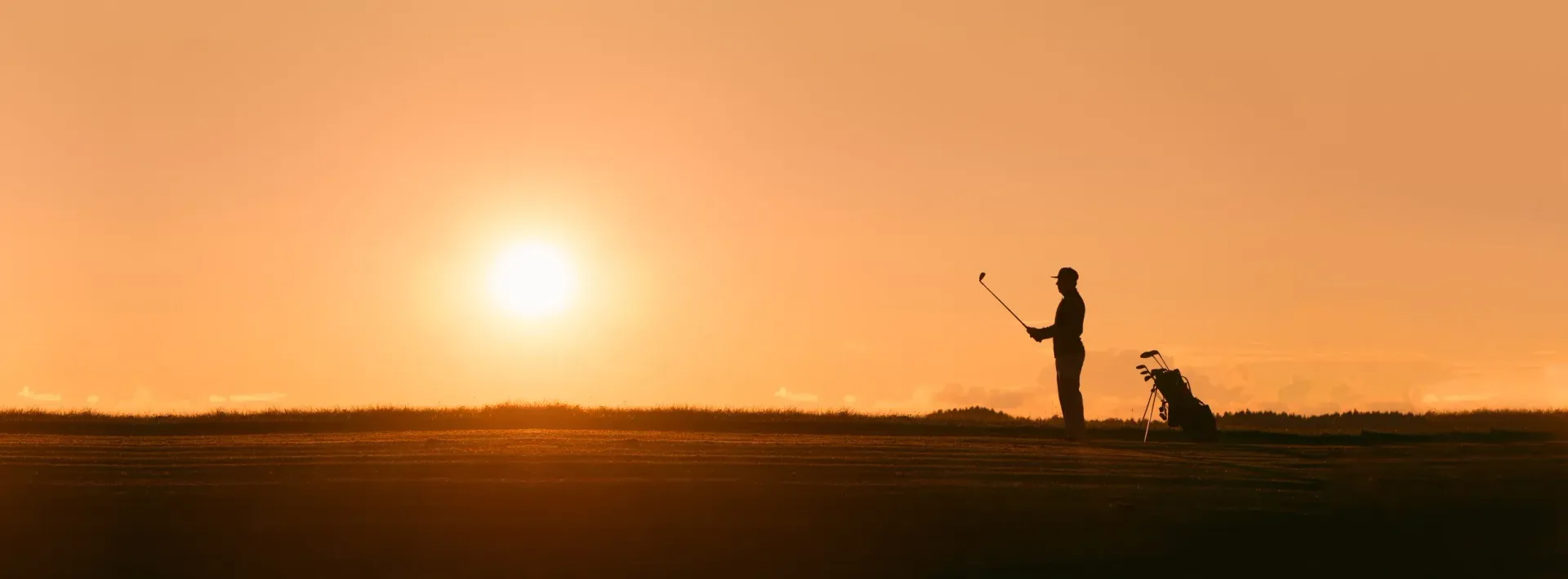 A man and a dog are standing in a field at sunset.