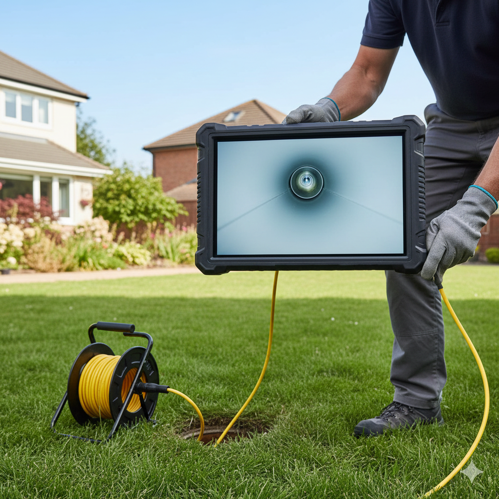 Person holding a screen displaying a view inside a pipe. A cable reel sits nearby on grass.