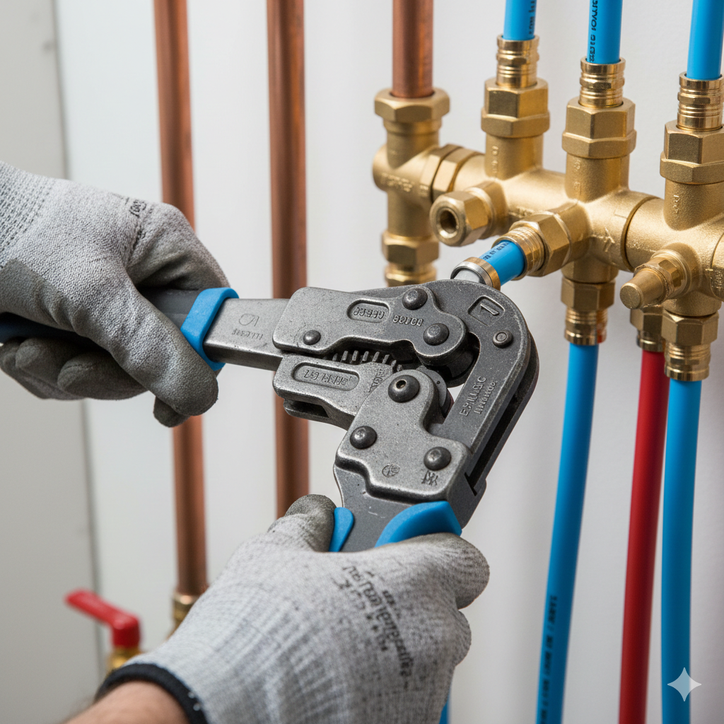 Person with work gloves uses a crimping tool on a blue pipe attached to a brass manifold. Copper pipes visible.