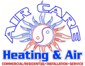 Air Care Heating & Air logo with sun and yin-yang graphic, red and blue text for commercial/residential service