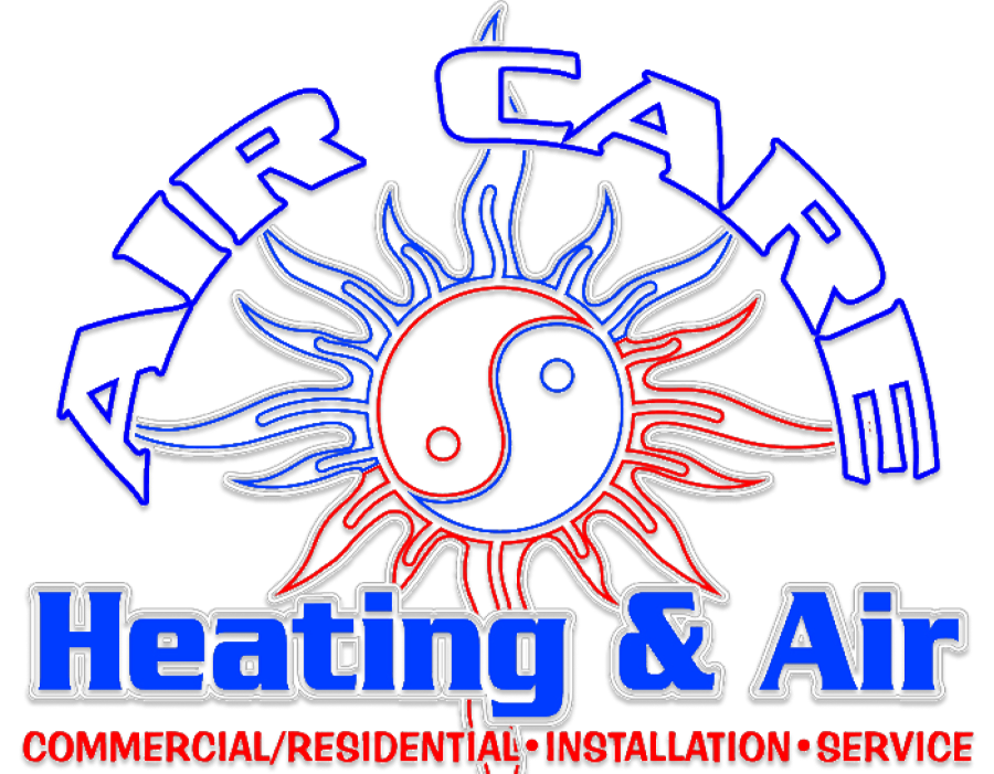 Air Care Heating & Air logo with sun and yin-yang graphic, red and blue text for commercial/residential service
