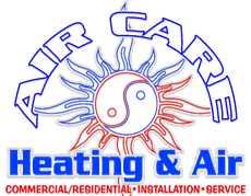 Air Care Heating & Air logo with sun and yin-yang graphic, red and blue text for commercial/residential service