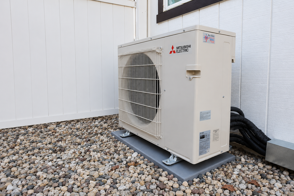 Industrial HVAC unit in an attic, with insulated ductwork and a metal support frame.