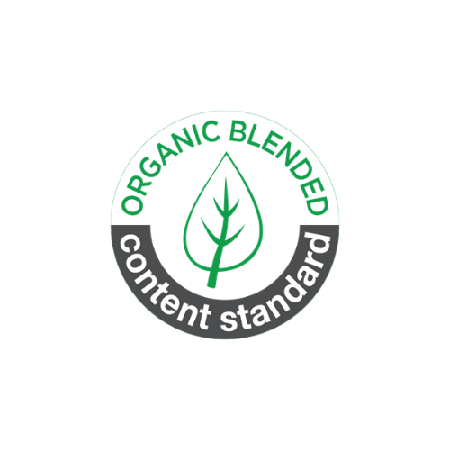 Logo de la norme Organic Blended Content : un badge circulaire avec une icône de feuille verte et du texte en vert et gris foncé.