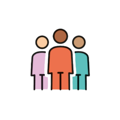 Une icône simple, dessinée au trait, représentant trois personnages côte à côte, de couleur rose clair, orange et turquoise.