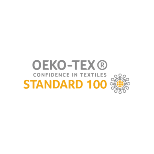 Logo OEKO-TEX Standard 100 en gris et jaune avec son symbole floral circulaire sur fond blanc.