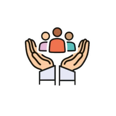 Deux mains ouvertes enserrent délicatement un groupe de quatre figures humaines stylisées et multicolores.